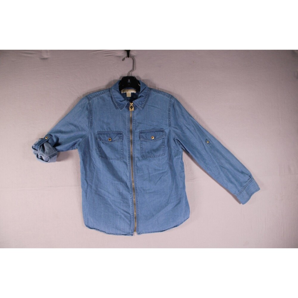 Michael Kors Womens Chambray Zip Front Shirt Jacket Blue Gold Hardware Small